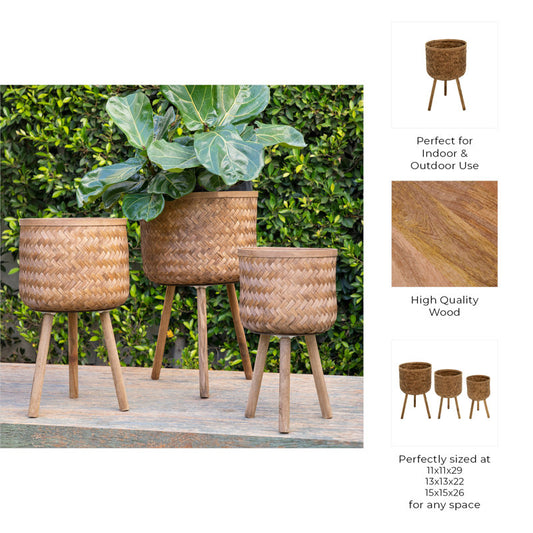 Handwoven Bamboo and Pine Wood Planters with Tripod Base, Decorative Woven Design, Durable Construction, Set of 3